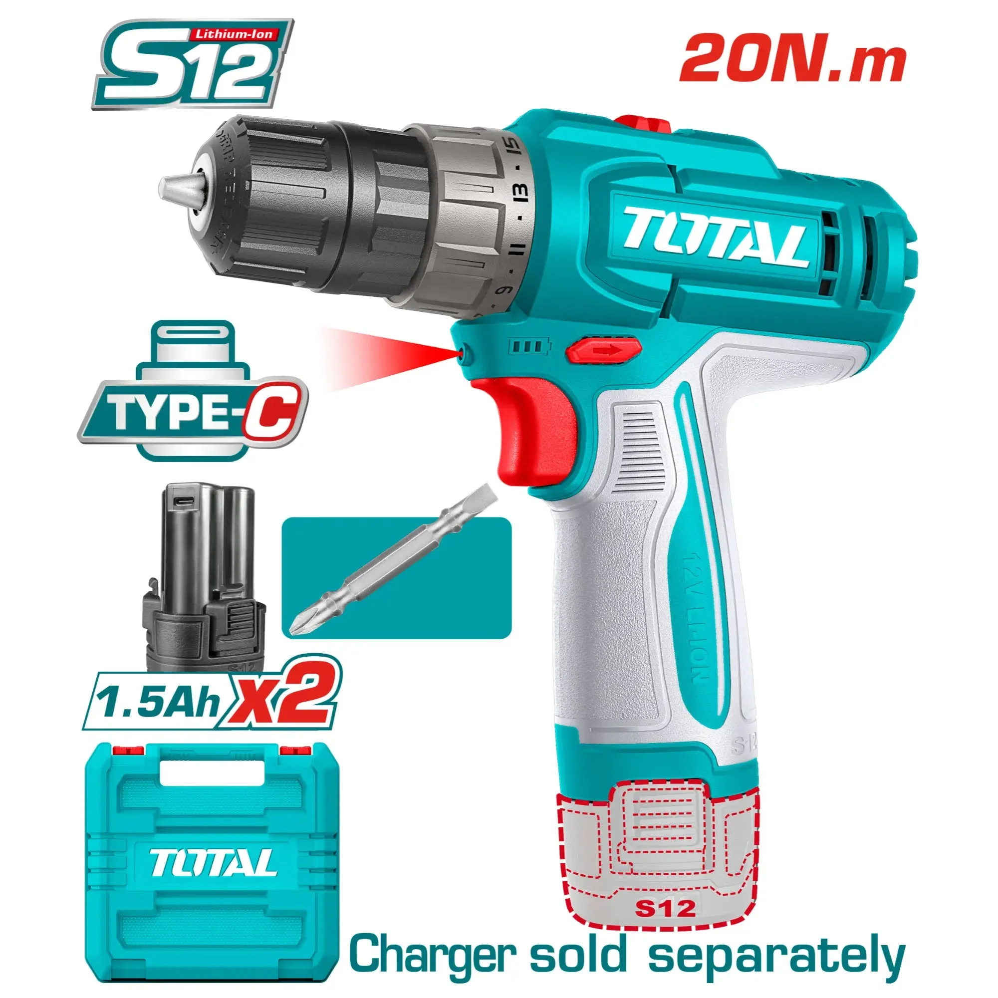 Visseuse Perceuse 12V 2 batteries type c PM 20N.M TOTAL 12206